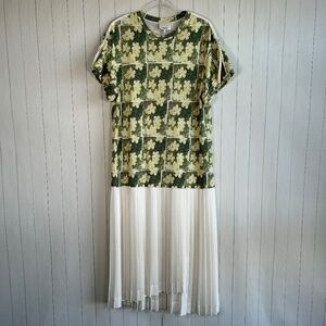 3.1 Phillip Lim size L pleated tee shirt dress green Daisy floral maxi artsy